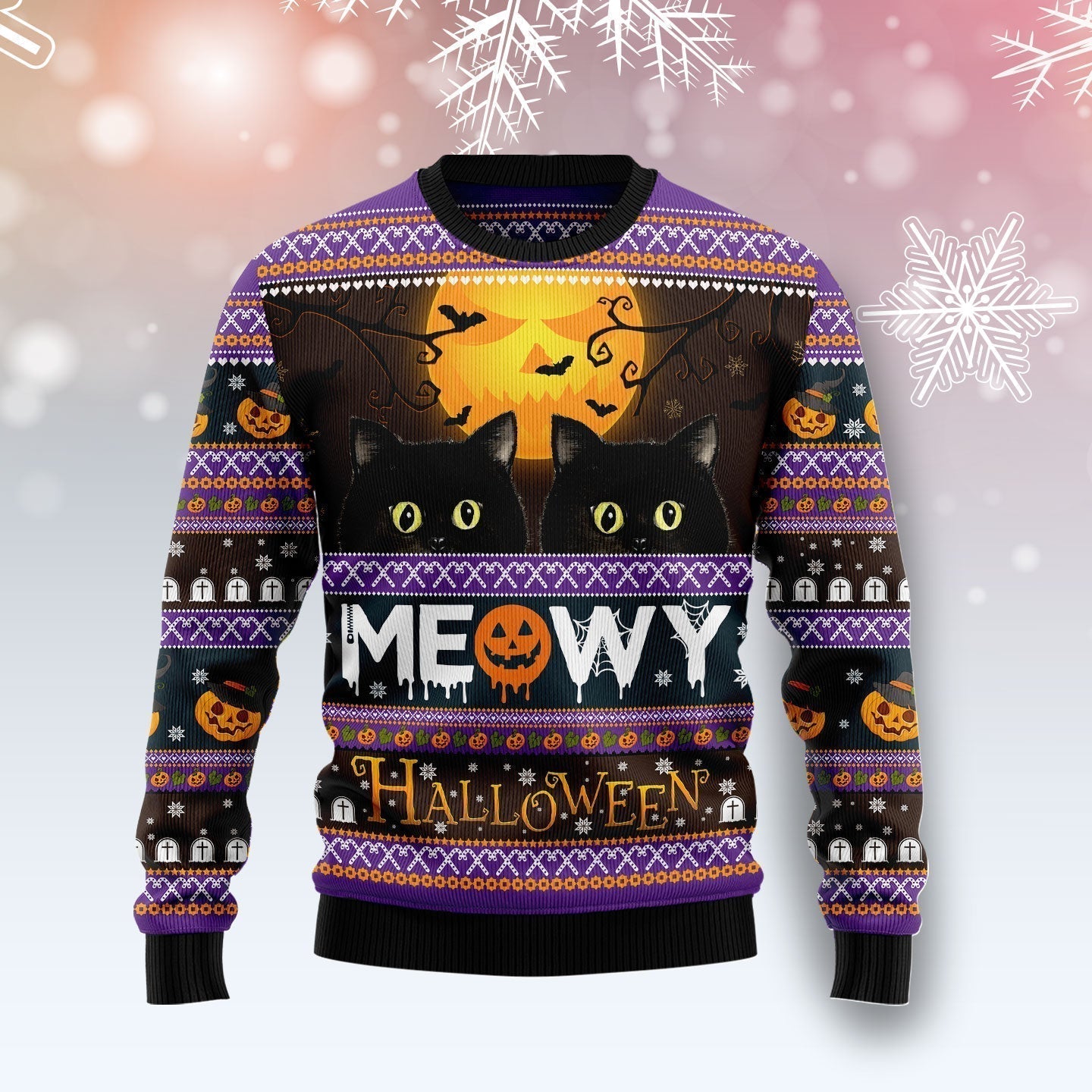 Black Cat Meowy Halloween Ugly Halloween Sweater For Men & Women Halloween Gift Sweater US1012 - WeCustomit
