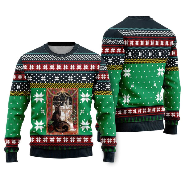 Cat Christmas Snow Window Ugly Christmas Sweater For Men & Women Christmas Gift Sweater US1114 - WeCustomit