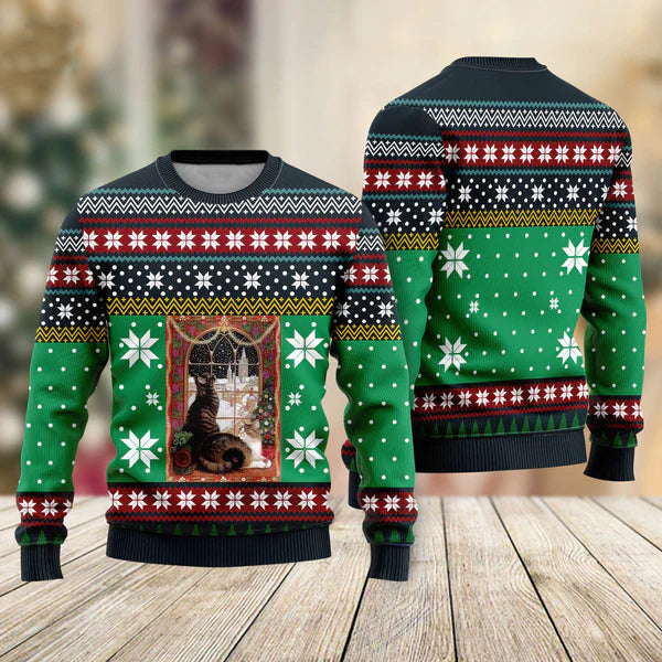 Cat Christmas Snow Window Ugly Christmas Sweater For Men & Women Christmas Gift Sweater US1114 - WeCustomit