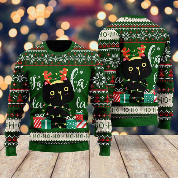 Black Cat Falalala Ugly Christmas Sweater For Men & Women Christmas Gift Sweater US1823 - WeCustomit