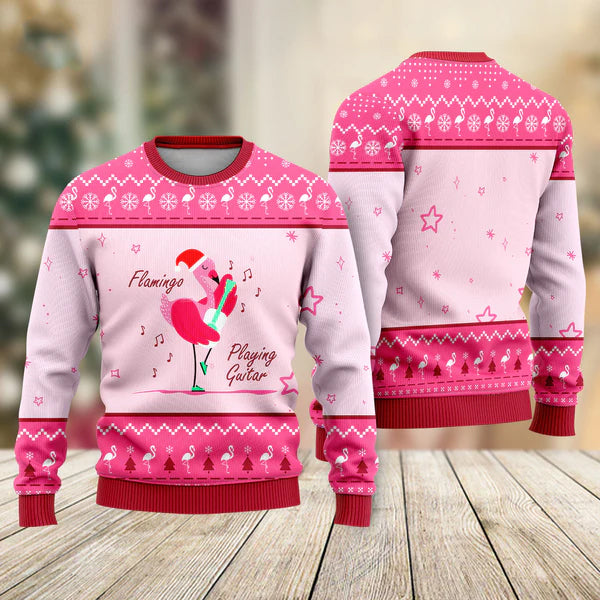 Funny Flamingo Playing Guitar Ugly Christmas Sweater For Men & Women Christmas Gift Sweater US2366 - WeCustomit