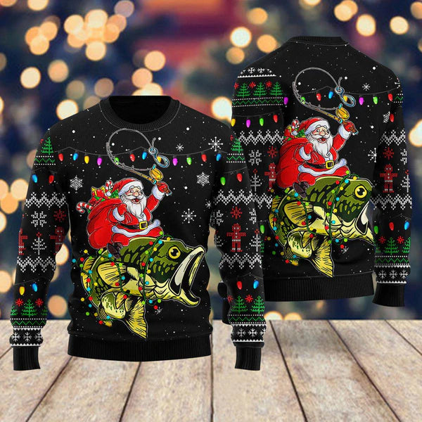 Santa Riding Bass Fish Ugly Christmas Sweater For Men & Women Christmas Gift Sweater US2043 - WeCustomit