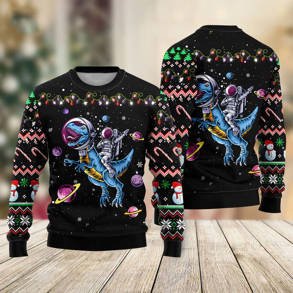 Funny Astronauts Ride A T-rex In Space With The Planet Ugly Christmas Sweater For Men & Women Christmas Gift Sweater US2372 - WeCustomit