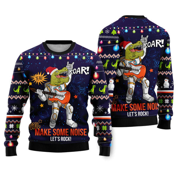 Funny T-rex Play Rock Music Between Stars Planets Galaxies Ugly Christmas Sweater For Men & Women Christmas Gift Sweater US2261 - WeCustomit
