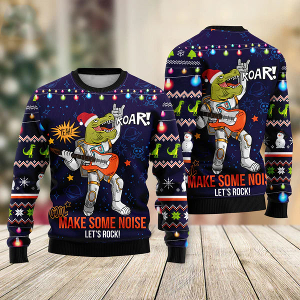 Funny T-rex Play Rock Music Between Stars Planets Galaxies Ugly Christmas Sweater For Men & Women Christmas Gift Sweater US2261 - WeCustomit