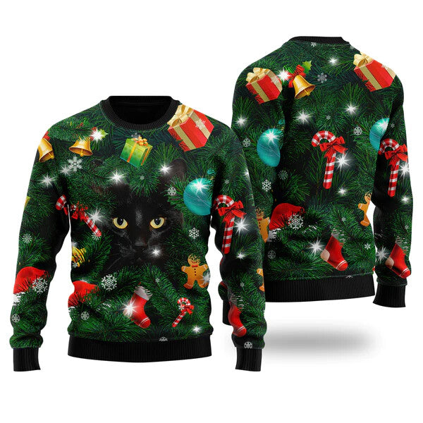Black Cat Inside Tree Ugly Christmas Sweater For Men & Women Christmas Gift Sweater US1677 - WeCustomit