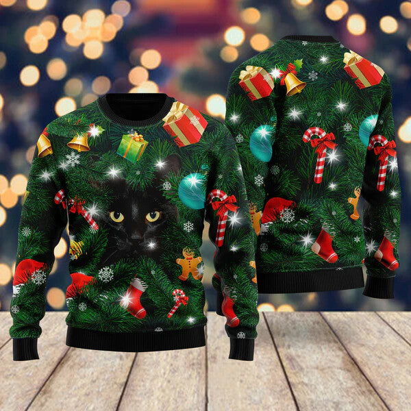 Black Cat Inside Tree Ugly Christmas Sweater For Men & Women Christmas Gift Sweater US1677 - WeCustomit