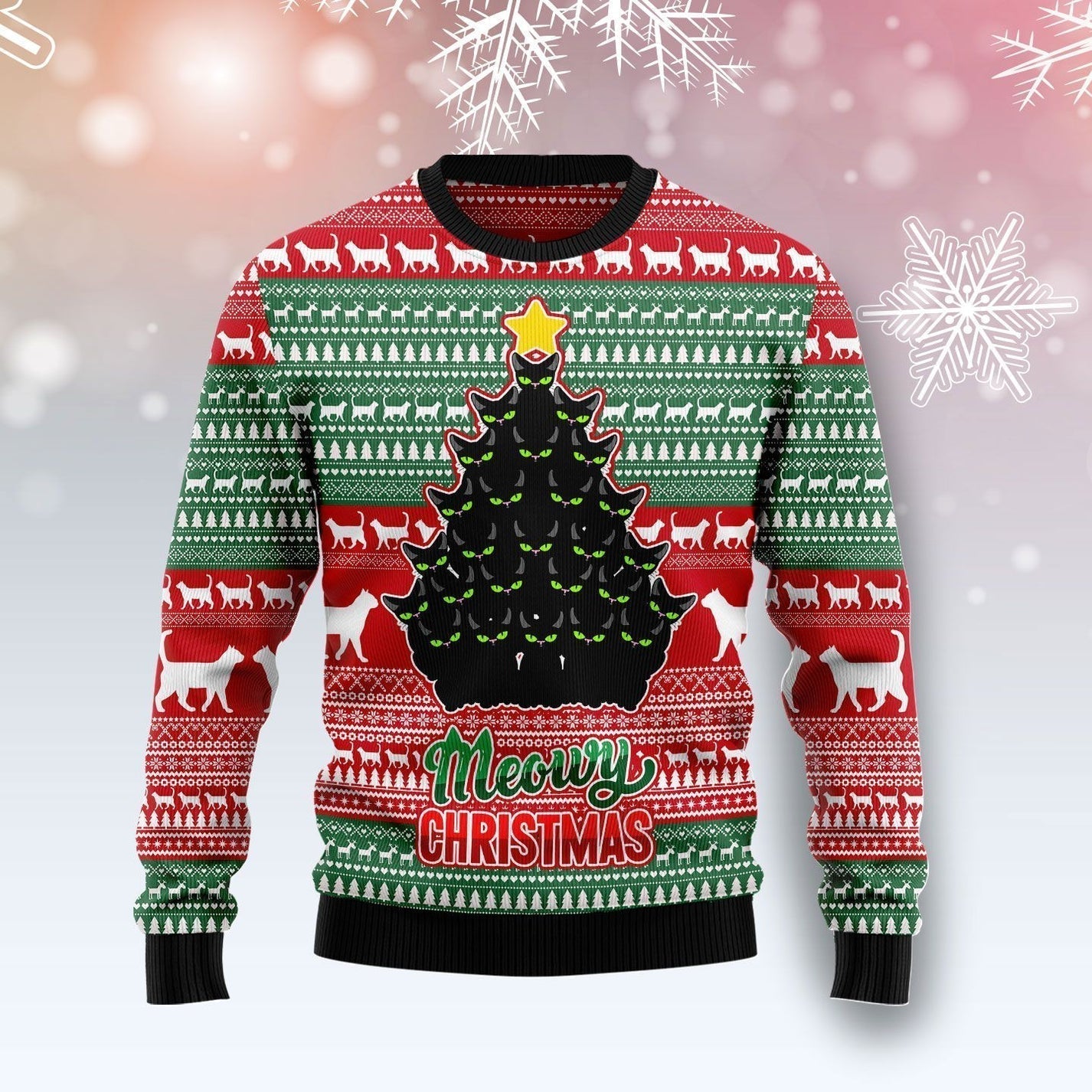 Black Cat Meowy Christmas Ugly Christmas Sweater For Men & Women Christmas Gift Sweater US3591 - WeCustomit