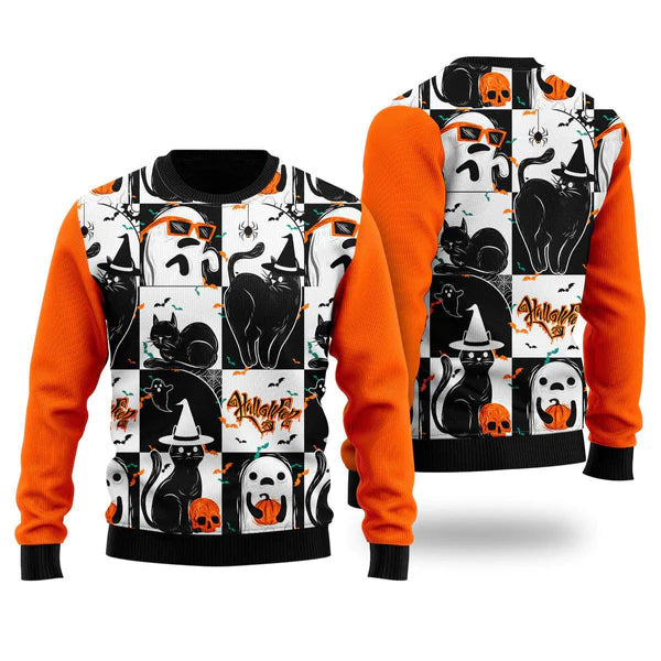 Black Cat and Ghost Halloween Ugly Christmas Sweater For Men & Women Christmas Gift Sweater US1045 - WeCustomit
