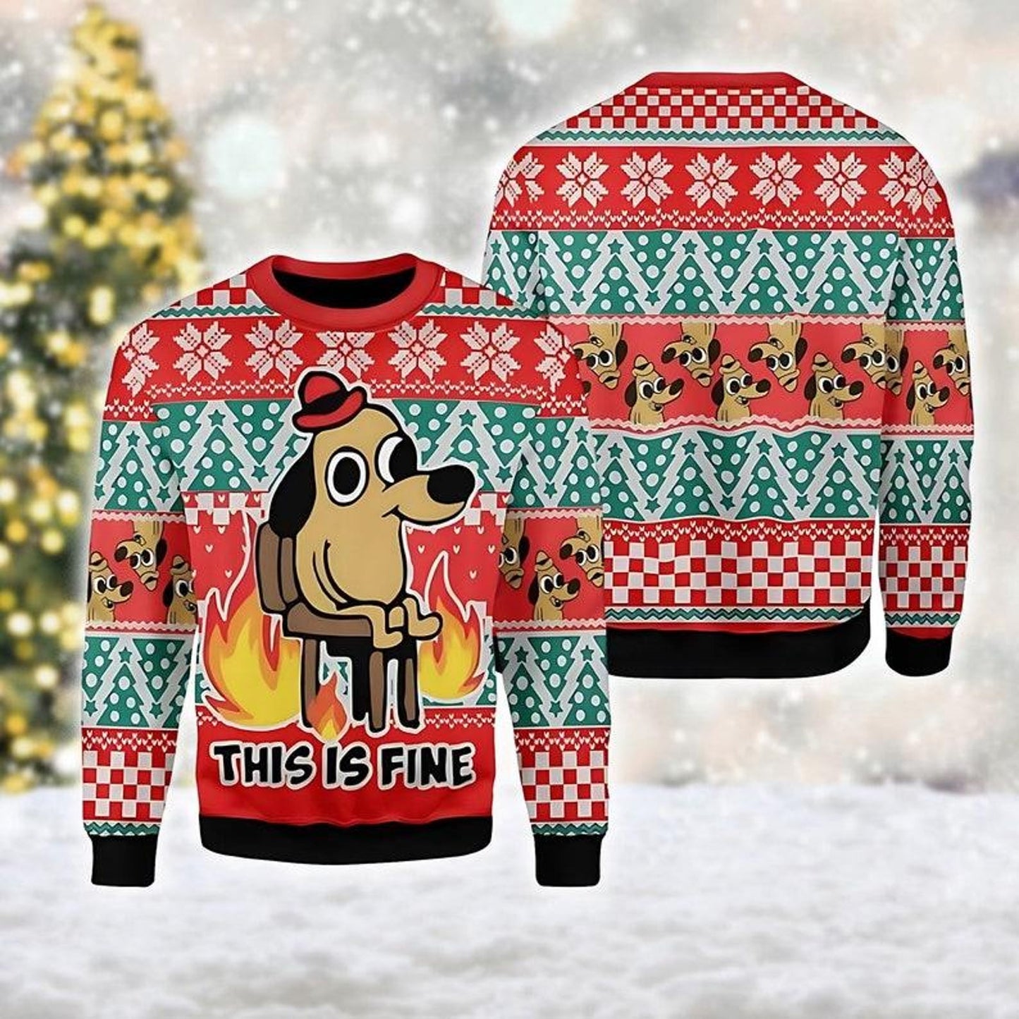 This Is Fine Meme Ugly Christmas Sweater, Xmas Sweatshirt, Christmas Gift for men Women kid, Cute Dog Meme Tee, Dog Lover Xmas Gift - WeCustomit
