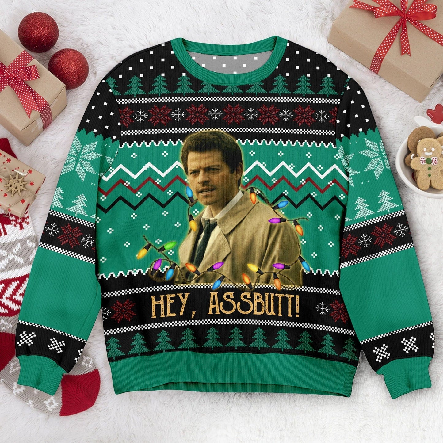 Misha Collins Hey Assbutt Christmas Ugly Sweater, Retro Quote Sweatshirt, Vintage Movies TV Show Quote Unisex Adult Crew Neck Sweatshirt - WeCustomit