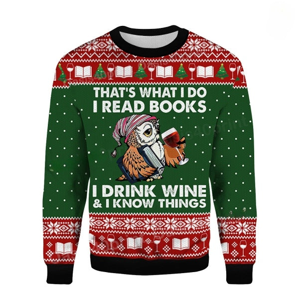 Funny Owl That's What I Do I Read Books Ugly Sweater Book Lovers Ugly Sweater Owl Lovers Ugly Sweater Christmas Drink Wine Love Sweatshirt - WeCustomit