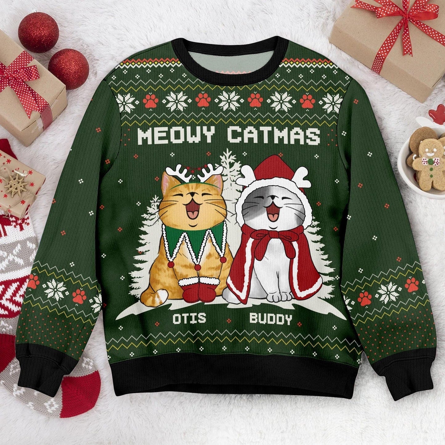 Personalized Cat Meowy Catmas Ugly Christmas Sweater, Custom Cat Ugly Sweater, Funny Christmas Gift For Cat Owner Cat Lover, Cat Mom Sweater - WeCustomit