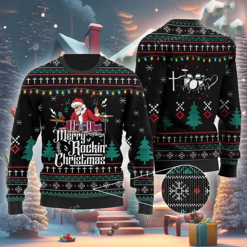 Drummer Santa Claus Ugly Christmas Sweater For Men & Women Christmas Gift Sweater US2726 - WeCustomit