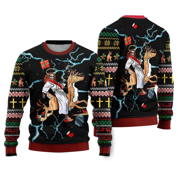 Jesus Riding Reindeer Black Ugly Christmas Sweater For Men & Women Christmas Gift Sweater US2286 - WeCustomit