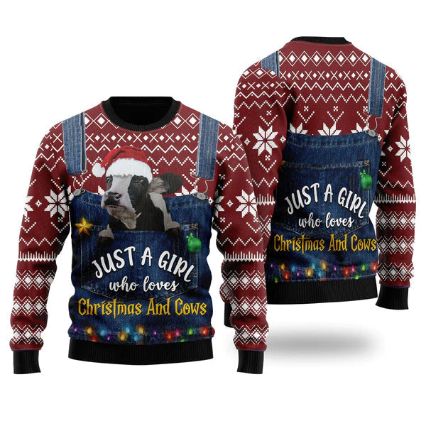 Just A Girl Who Loves Christmas And Cows Ugly Christmas Sweater For Men & Women Christmas Gift Sweater US1445 - WeCustomit