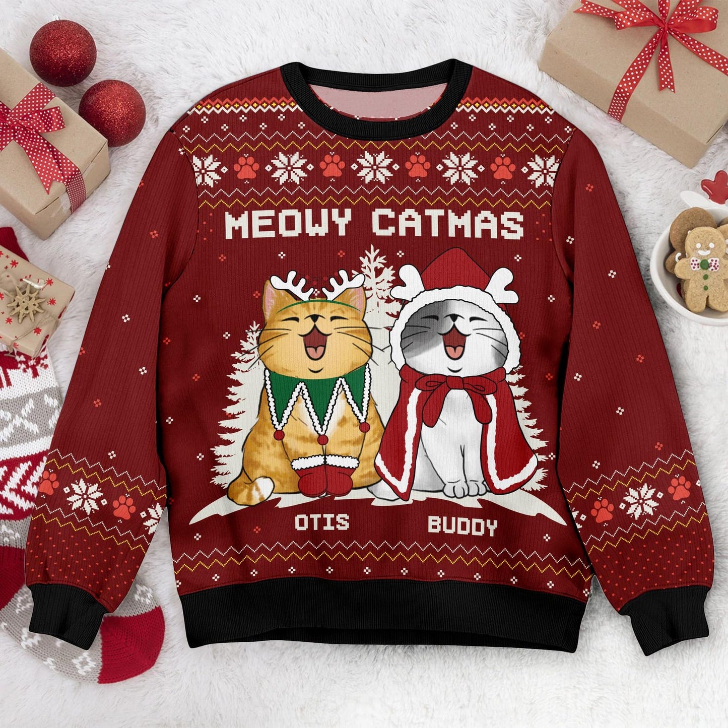 Personalized Cat Meowy Catmas Ugly Christmas Sweater, Custom Cat Ugly Sweater, Funny Christmas Gift For Cat Owner Cat Lover, Cat Mom Sweater - WeCustomit