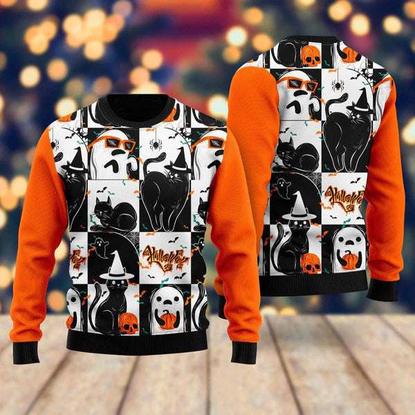 Black Cat and Ghost Halloween Ugly Christmas Sweater For Men & Women Christmas Gift Sweater US1045 - WeCustomit