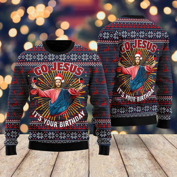 Jesus's Birthday Go Jesus Ugly Christmas Sweater For Men & Women Christmas Gift Sweater US2204 - WeCustomit