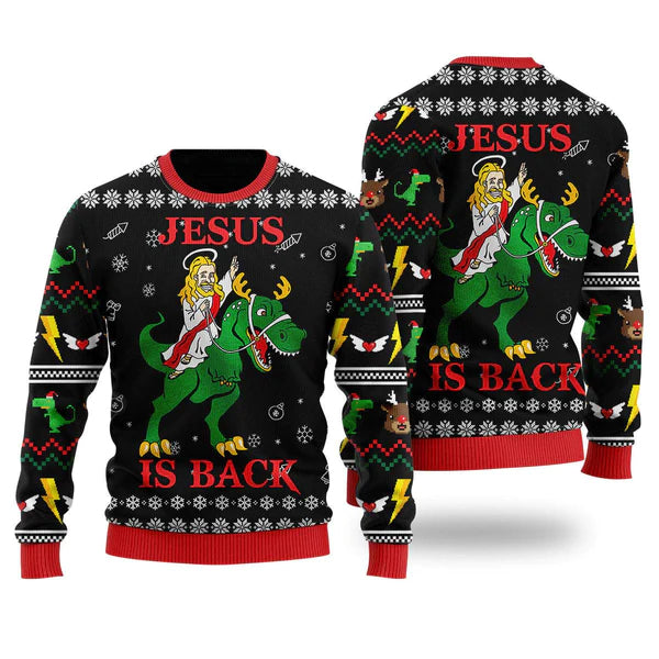 Jesus Ride Dinosaur Is Back Ugly Christmas Sweater For Men & Women Christmas Gift Sweater US2303 - WeCustomit