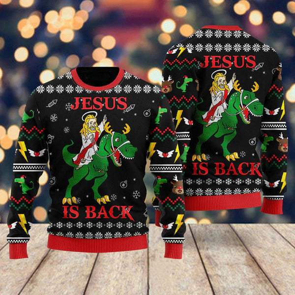 Jesus Ride Dinosaur Is Back Ugly Christmas Sweater For Men & Women Christmas Gift Sweater US2303 - WeCustomit