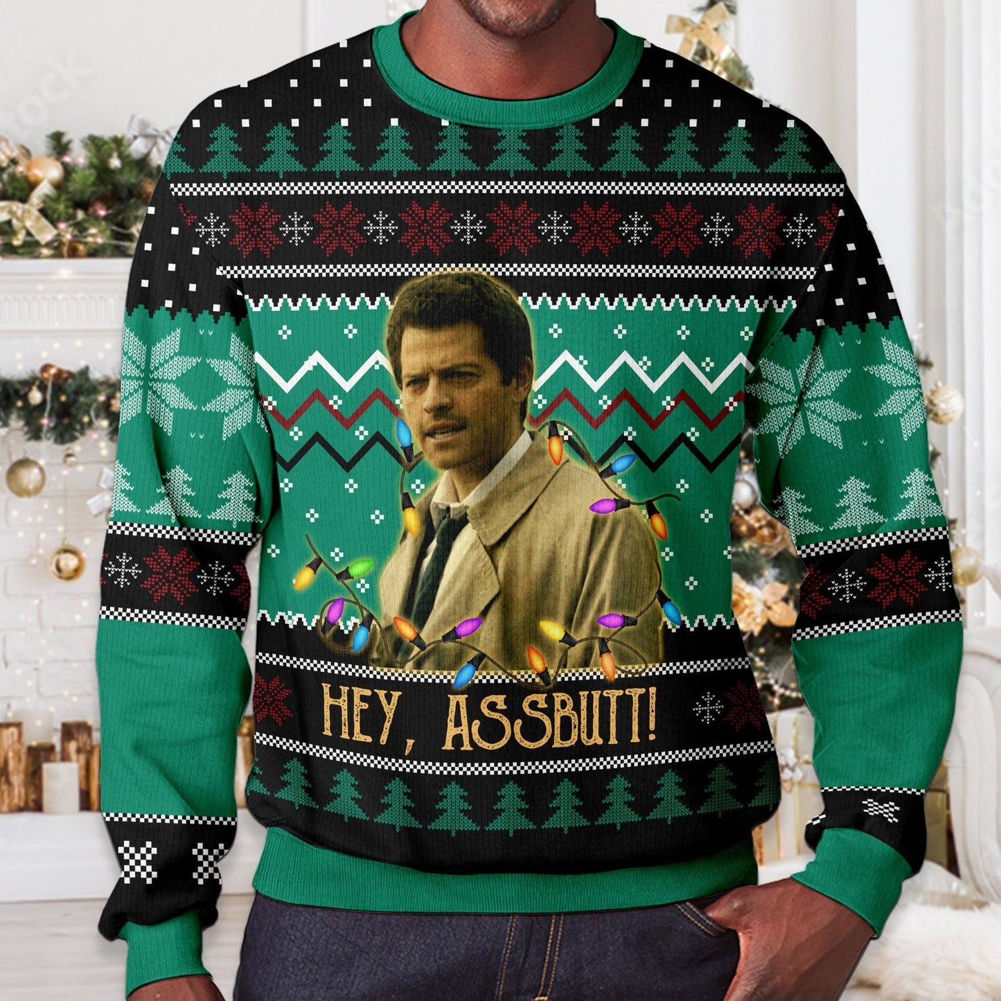 Misha Collins Hey Assbutt Christmas Ugly Sweater, Retro Quote Sweatshirt, Vintage Movies TV Show Quote Unisex Adult Crew Neck Sweatshirt - WeCustomit