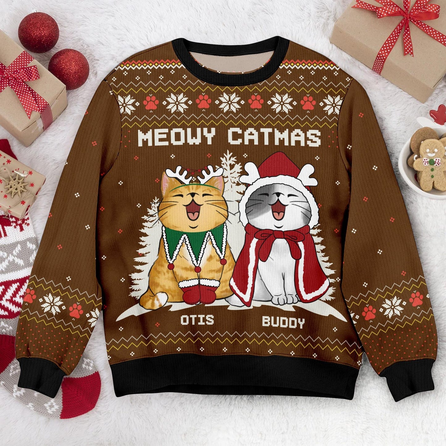 Personalized Cat Meowy Catmas Ugly Christmas Sweater, Custom Cat Ugly Sweater, Funny Christmas Gift For Cat Owner Cat Lover, Cat Mom Sweater - WeCustomit