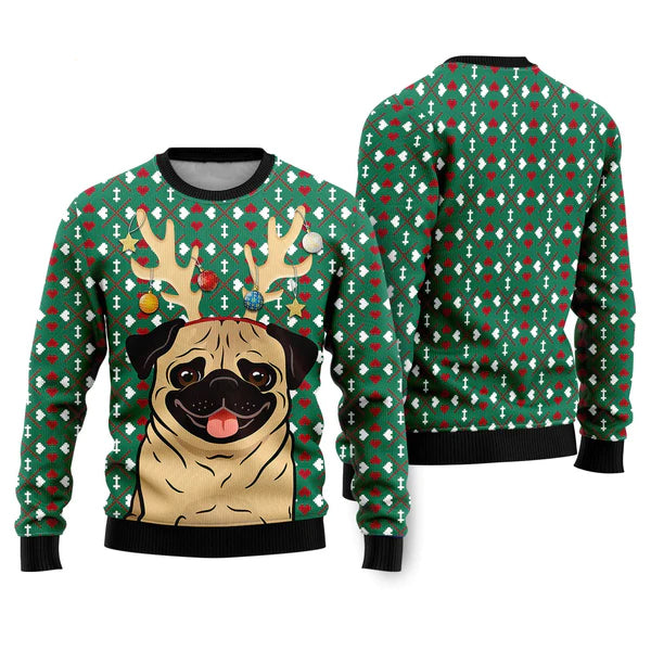 Cute Dog With Reindeer Hord Ugly Christmas Sweater For Men & Women Christmas Gift Sweater US1775 - WeCustomit