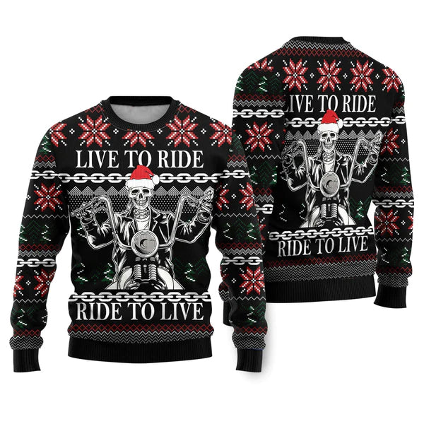 Live To Ride Motorbike Skeleton Ugly Christmas Sweater For Men & Women Christmas Gift Sweater US2216 - WeCustomit