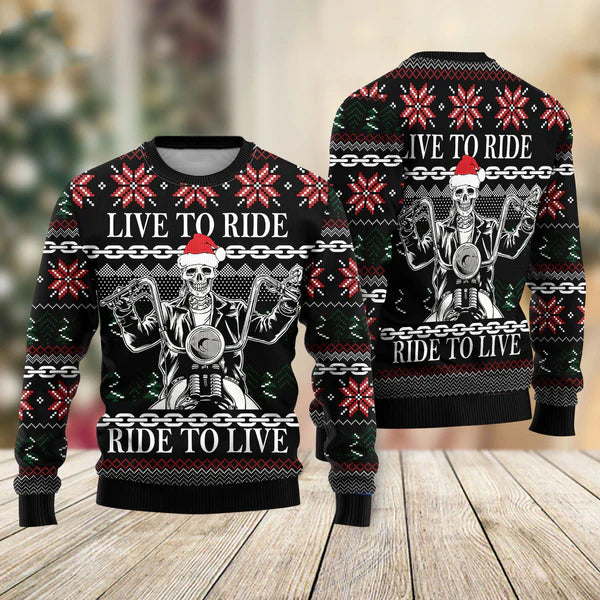 Live To Ride Motorbike Skeleton Ugly Christmas Sweater For Men & Women Christmas Gift Sweater US2216 - WeCustomit