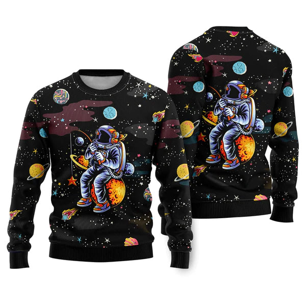 Funny Astronaut Fishing In Space Ugly Christmas Sweater For Men & Women Christmas Gift Sweater US2217 - WeCustomit