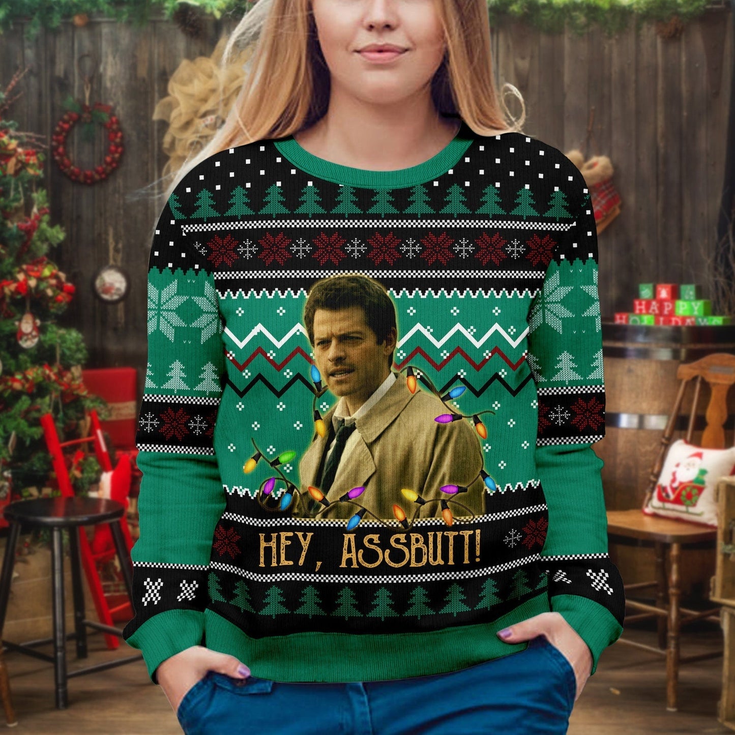 Misha Collins Hey Assbutt Christmas Ugly Sweater, Retro Quote Sweatshirt, Vintage Movies TV Show Quote Unisex Adult Crew Neck Sweatshirt - WeCustomit