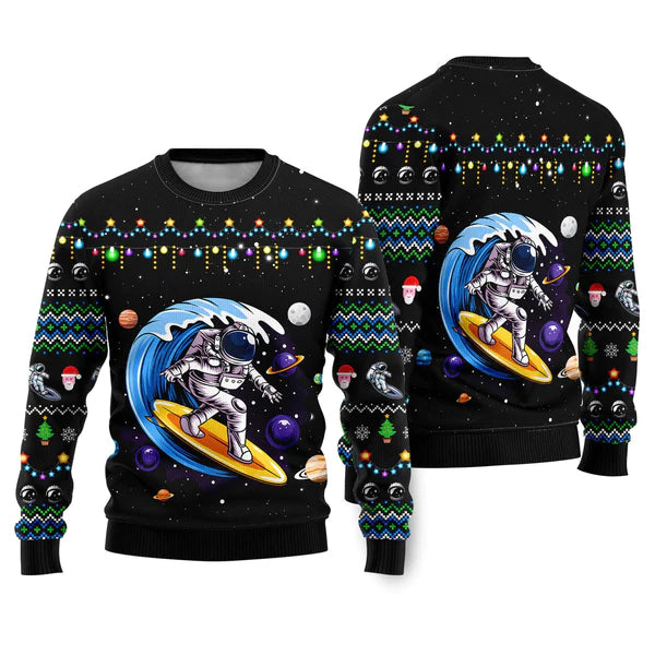 Astronauts Surf On A Surfboard In Space Ugly Christmas Sweater For Men & Women Christmas Gift Sweater US2222 - WeCustomit