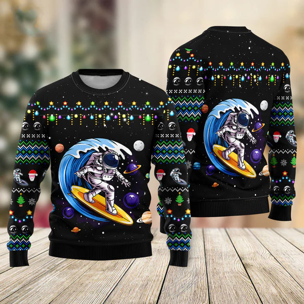 Astronauts Surf On A Surfboard In Space Ugly Christmas Sweater For Men & Women Christmas Gift Sweater US2222 - WeCustomit
