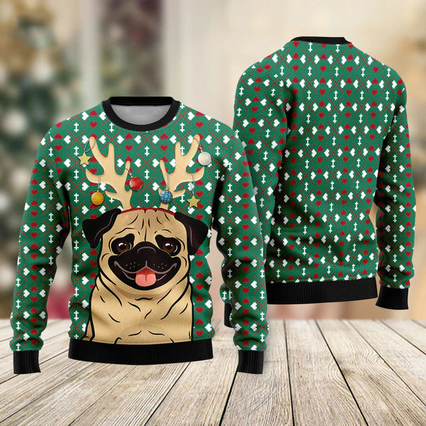 Cute Dog With Reindeer Hord Ugly Christmas Sweater For Men & Women Christmas Gift Sweater US2315 - WeCustomit