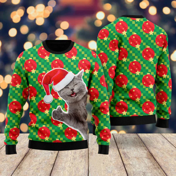 Happy Cat With Ornament Christmas Ball Ugly Christmas Sweater For Men & Women Christmas Gift Sweater US1395 - WeCustomit