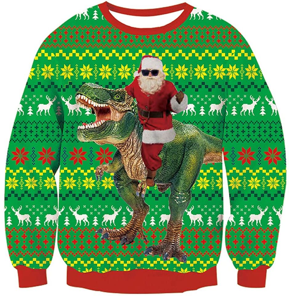 Santa Claus Riding Dinosaur Green Ugly Christmas Sweater For Men & Women Christmas Gift Sweater PT1486 - WeCustomit