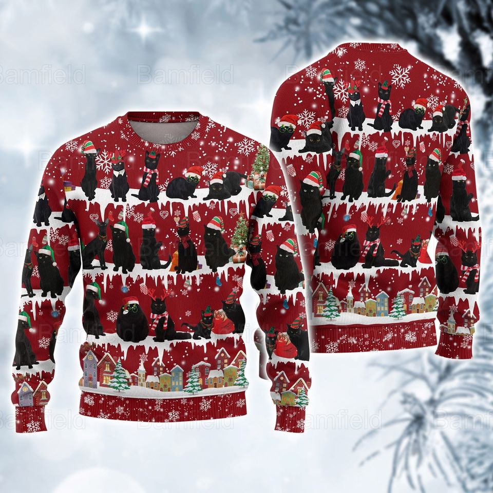 Black Cat Christmas Ugly Christmas Sweater For Men & Women Christmas Gift Sweater PT1058 - WeCustomit
