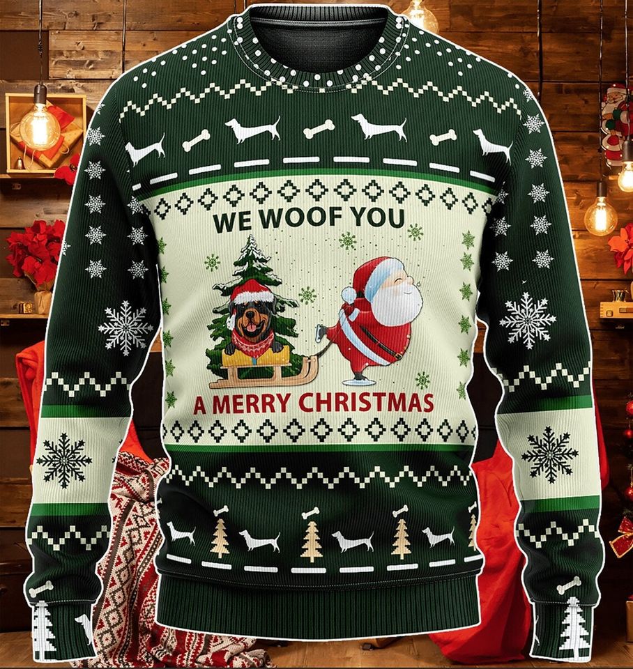 Green Red Rottweiler We Woof You A Merry Ugly Christmas Sweater For Men & Women Christmas Gift Sweater PT1122 - WeCustomit