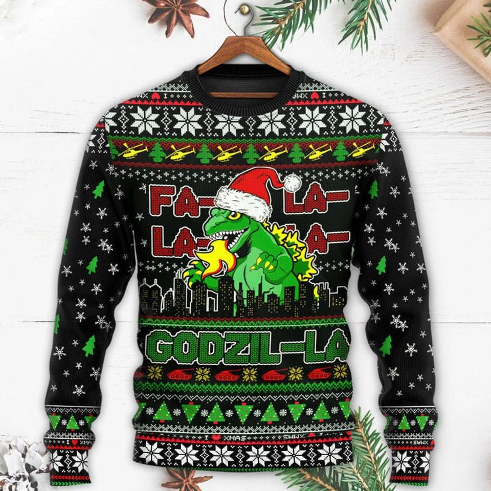Christmas Godzila Falalalala Xmas Ugly Christmas Sweater For Men & Women Christmas Gift Sweater PT1162 - WeCustomit