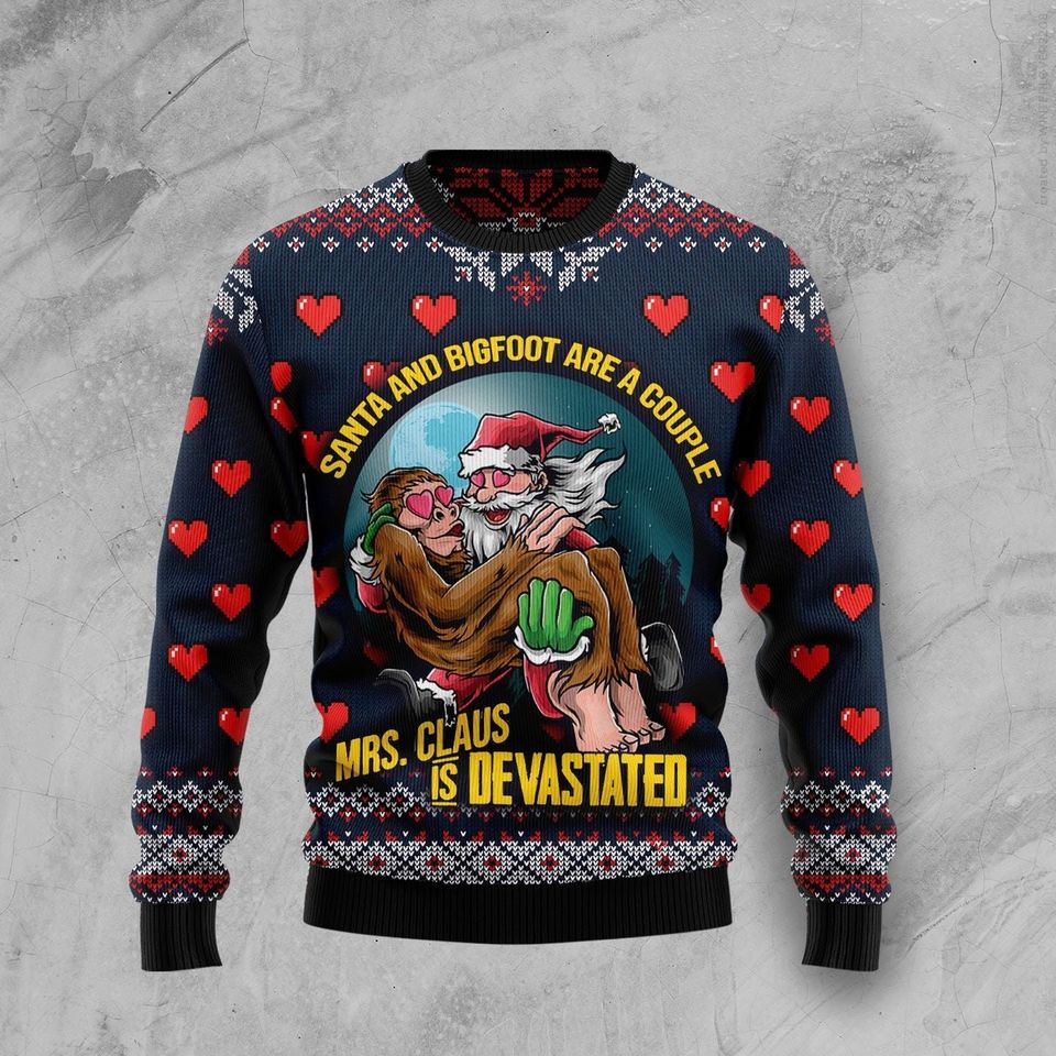 Santa and Bigfoot Are A Couple Ugly Christmas Sweater For Men & Women Christmas Gift Sweater US3793 - WeCustomit