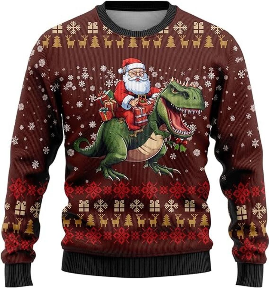 Santa Riding Dinosaur Ugly Christmas Sweater For Men & Women Christmas Gift Sweater US3816 - WeCustomit