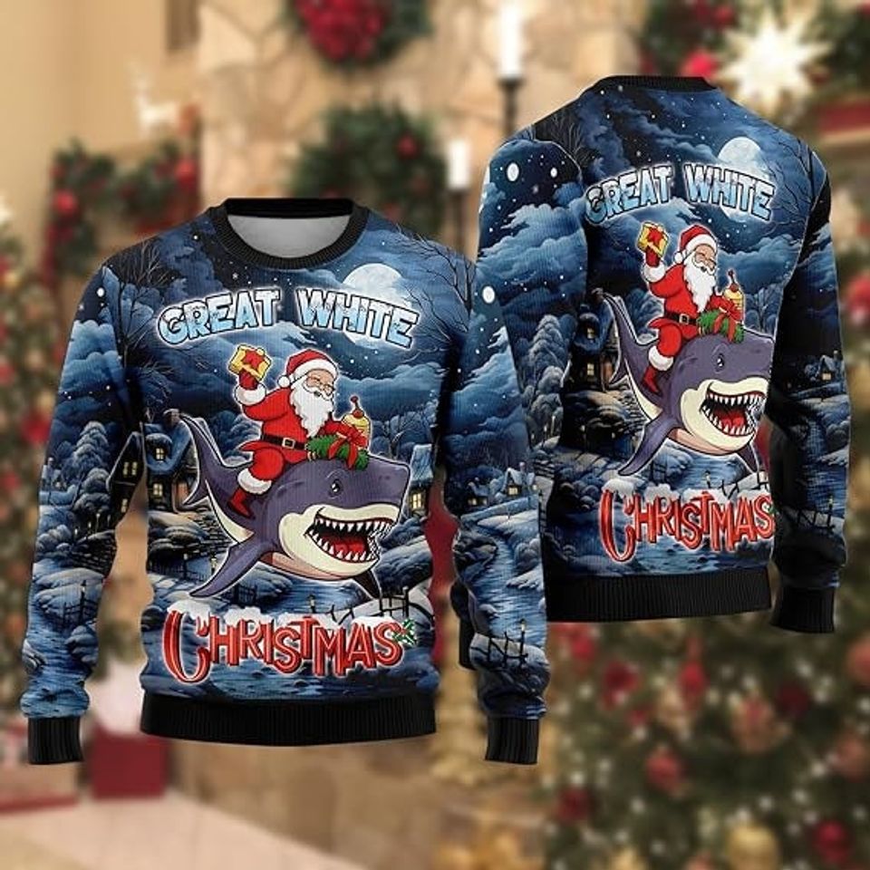 Santa Riding Shark Ugly Christmas Sweater For Men & Women Christmas Gift Sweater US3822 - WeCustomit