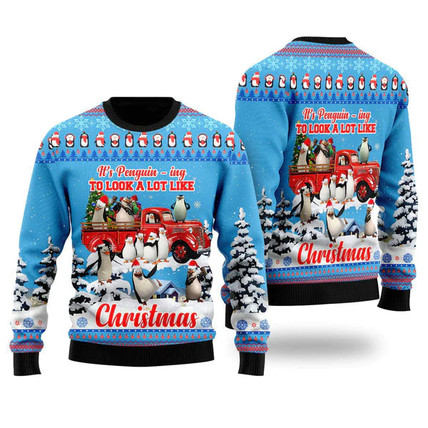 Penguin Riding Red Truck Xmas Merry Christmas Ugly Christmas Sweater For Men & Women Christmas Gift Sweater US1442 - WeCustomit