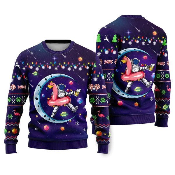 Funny Astronauts Sit On Flamingo Floats In Space With The Planet Ugly Christmas Sweater For Men & Women Christmas Gift Sweater US2371 - WeCustomit