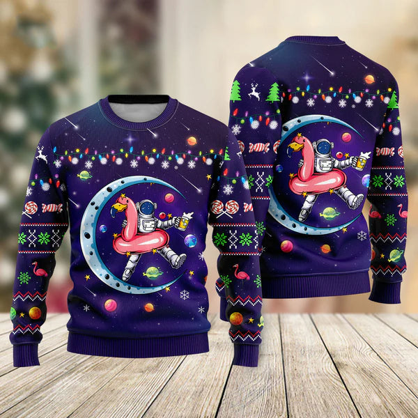 Funny Astronauts Sit On Flamingo Floats In Space With The Planet Ugly Christmas Sweater For Men & Women Christmas Gift Sweater US2371 - WeCustomit