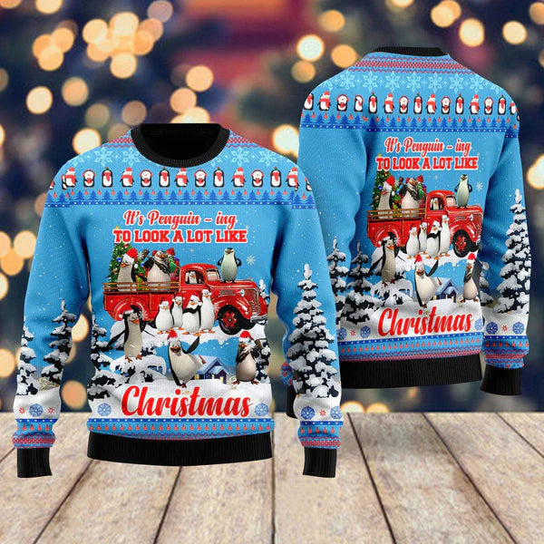 Penguin Riding Red Truck Xmas Merry Christmas Ugly Christmas Sweater For Men & Women Christmas Gift Sweater US1442 - WeCustomit