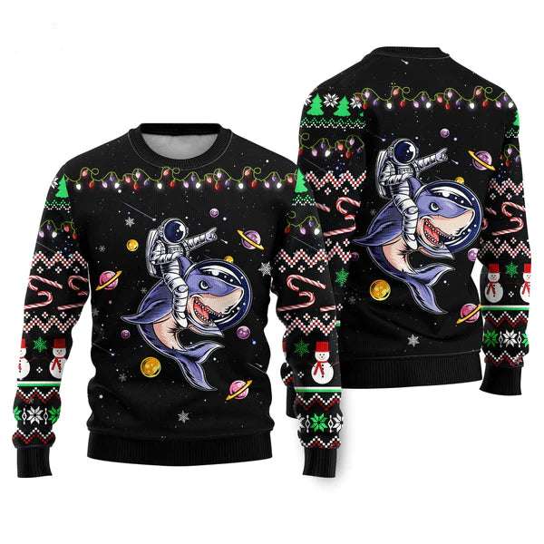 Funny Astronauts Ride A Shark In Space With The Planet Ugly Christmas Sweater For Men & Women Christmas Gift Sweater US2359 - WeCustomit