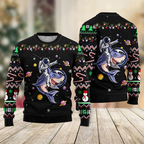 Funny Astronauts Ride A Shark In Space With The Planet Ugly Christmas Sweater For Men & Women Christmas Gift Sweater US2359 - WeCustomit