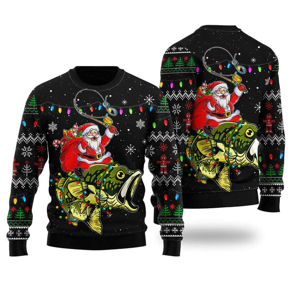 Santa Riding Bass Fish Ugly Christmas Sweater For Men & Women Christmas Gift Sweater US2043 - WeCustomit